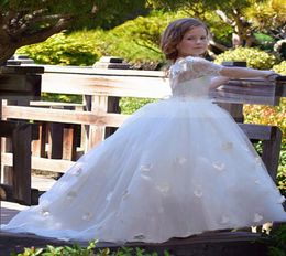 Girl039s Dresses Off Shoulder Ivory Lace Tulle Floor Length Flower Girl Dress Half Sleeve 3D Flowers Ball Gown First Communion1415740