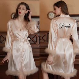 Women's Sleepwear Satin Feather Patchwork Bride Bridesmaid Robe Sexy Kimono Bathrobe Gown Casual Sleepwear Intimate Lingerie Female Nightgown T231223