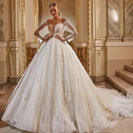 Stunningbride 2024 Gorgeous O-Neck Appliques Lace Court Train A-Line Sparkly Wedding Dress Delicate Beading Long Sleeve Vintage Bridal Gown