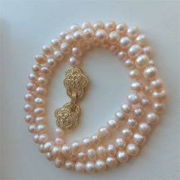 Hand knotted 8-9mm gentle pink freshwater pearl necklace micro inlay zircon clasp 80cm sweater chain