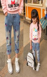 Girls autumn winter cherry printed denim pants kids jeans kids trousers for teenagers ripped jeans 312Years7980984