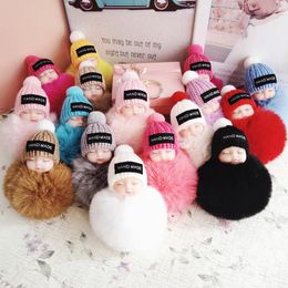 Fur Ball Keychain Doll Pom Pom Keychain Cute Fluffy Sleeping Baby Doll Keychain Pompom Car Keyring Wallet Bag Phone Pendant Bag Charm Pink Keychain Accessories