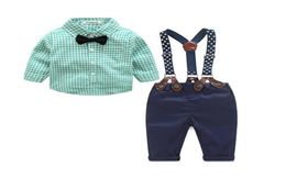 Baby Boy Clothes Autumn Spring Newborn Baby Sets Infant Clothing Gentleman Suit Plaid Shirt Bow Tie Suspend Trousers 2pcs 4423299