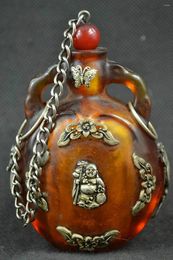 Bottles China Old Tibet Silver Amber Carved Butterfly Buddha Statues Snuff Bottle