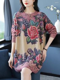 Women's Sweaters Floral Print Dress Autumn Winter Casual Tops Pullovers Knitwear Jumper Pull Elasticity Thick Warm Long Sweater Women