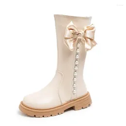 Boots 2023 Girls High PU Pearls With Bow Non-slip Fashion Children Chic Elegant Sweet Princess Side Zipper Korean Wind