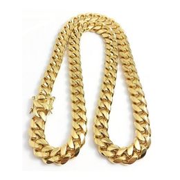 316L Stainless Steel Jewellery 18K Gold Plated High Polished Miami Cuban Link Necklace Men Punk 15mm Curb Chain Double Safety Clasp 307p