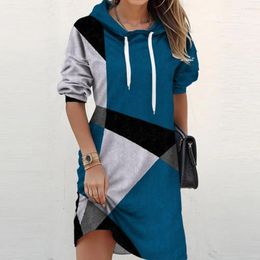 Casual Dresses Long Sleeve Sweatshirt Dress Colorblock Hooded Drawstring Mini For Fall Winter Women Patchwork Pullover Thick