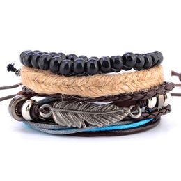 Multi-Bundle Set Bracelet Handmade Leather Handicraft Wooden Bead Weave Beaded Bracelet Men and women gentlemen charm272s