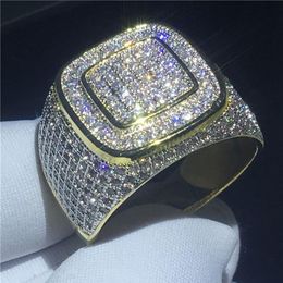 Handsome male Hip Hop ring Pave Setting 274pcs 5A Cz Yellow Gold Filled 925 silver wedding band ring for men Party Jewelry316w