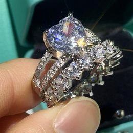 2PCS Couple Rings Luxury Jewelry 925 Sterling Silver Pear Cut White Topaz CZ Diamond Gemstones Women Wedding Bridal Ring Set For L267b