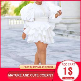 Dresses African Women White Dress Vintage Puff Sleeve Cute Ruffle Tiered Layered Summer Spring Ladies Sexy Mesh Party Club Mini Dresses