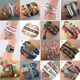 Whole Assorted 48PCs Women's Fashion Hand Made PU Leather Copper Alloy Infinity Friendship Multilayer Cuff Ethnic Bracele221P