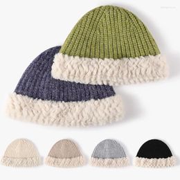 Berets Thicken Knitted Bucket Hats Simulation Fur Patchwork Cap Autumn Winter Wild Fleece Warm Caps Fashion Outdoor Fisherman Hat