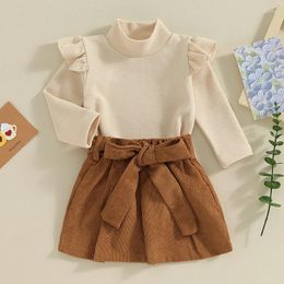 Clothing Sets Suefunskry Kids Girl Fall Winter 2Pcs Outfit Long Sleeve High Neck Pullover Tops With Elastic Waist Corduroy A-Line Belted