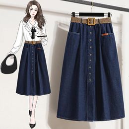 Skirts 2023 Arrival Summer Women Casual Loose A-line Mid-calf Skirt All-matched Single-breasted Design Cotton Denim V164