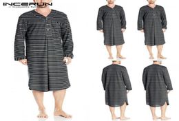 Men039s Sleep Robes Striped Long Sleeve V Neck Homewear 2020 Leisure Nightgown Comfy Bathrobes Pajamas Mens Kaftan INCERUN S5X3858432