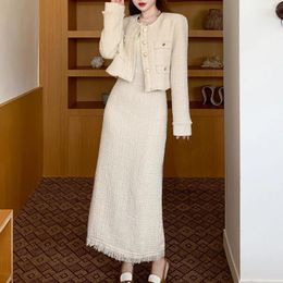 Two Piece Dress Fall Winter Small Fragrance Vintage Tweed Set Women Crop Top Short Jacket Coat Long Skirts Sets Sweet 2 Suits