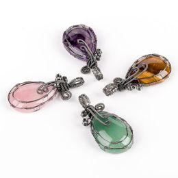 Hand Woven Natural Gemstone Water Drop Shaped Creative Pendant Gun-black Copper Wire Wrapped Stone Women Retro Necklace Amethyst H249P