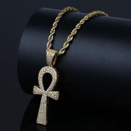 Hip Hop Silver Gold Color Jesus Egyptian Ankh Key Cross Pendant Necklaces Cubic Zirconia Long Chains for Male and Women260b