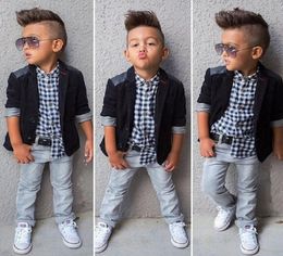 Boys 3Pieces Clothes Suits Children Fashion Set Kids Jacket Shirt Jean Baby Boy039s Outfits Coat Plaid Shirts Trouser 21045713220