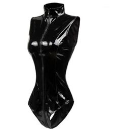 Black Crotch Zipper Sleeveless Sexy Spandex Bodysuit Leather Latex Catsuit PVC Jumpsuit Women Short PU BodySuit Clubwear11882555