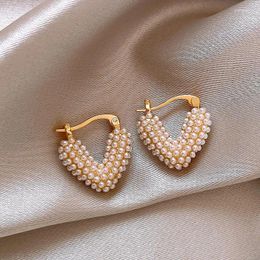 Hoop Earrings French Style Retro Elegant Pearl Heart For Women Fashion Simple Metal Jewelry Party Gifts