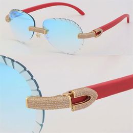 New Micro-paved Luxury Diamond Set Womens Men Sunglasses Red Wood Rimless Sun glasses Male and Female Frame With Fashion High Qual2667