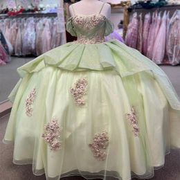 Sage Green Shiny Princess Quinceanera Dresses 2024 Flower Appliques Lace-up Corset Off shoulder Vestidos De 15 Anos Prom