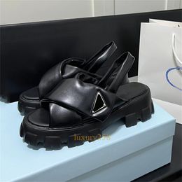 Luxury slippers platform sandals designer summer shoes adjustable hook loop strap pool slide pillow sliders puffer padded ladies genuine leather flats black