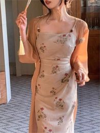 Casual Dresses 2023 Summer French Vintage Floral Desses Women Design Sleeveless Elegant Midi Dress Chinese Style Evening Party Female