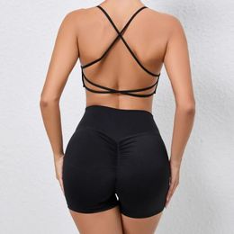 Active Sets Two Piece Yoga Short Set Women's Tracksuit Sexy Cross Backless Underwear Sport Outfit Women Fitness Suit Gym Workout Clothes