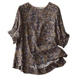 Women's Blouses Casual Blouse Vintage Printed Cotton Linen Short Sleeve T Shirt Female O Neck Loose Tee Shirts Oversized Tops Tunic