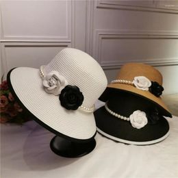 Berets Hats For Women French Retro Elegant Straw Hat Pearl Flower Fisherman Seaside Holiday Beach Sunshade Sunblock Lady