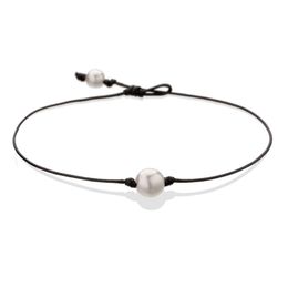 Pearl Single Cultured Freshwater Pearls Necklace Choker for Women Genuine Leather Jewelry Handmade Black 14 inches300m