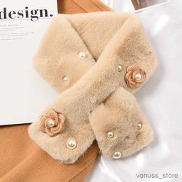 Scarves Wraps Korean Pearl Flower Faux Rabbit Fur Cross Thick Warm Plush Scarf Women Winter Outdoor Windproof Neck Protection Fake Collar Bib