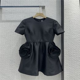 24SS Women Designer Dress Tee Shirts Mini Dresses With Solid Flower Girls Milan Runway Tank Top A-line Short Sleeve Crew Neck Pleated Dress High End Designer Dresses