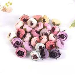 Decorative Flowers 20PCS 4CM Artificial Small Tea Bud Flower Head DIY Handmade Material Silk Cloth Plastic Heart Straw Hat With Decoration