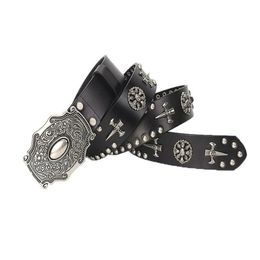 Belts Western Fashion Skull Rivets Studded Men Women Genuine Leather Waist Strap Punk Rocky Paisley Embossing Buckle310b