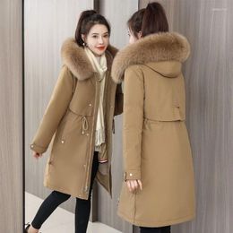 Women's Trench Coats 2023 Winter Plush Thickened Style Coat Mid Length Warm Cotton Jacket Large Wool Collar Over-Size Hooded Overcoat