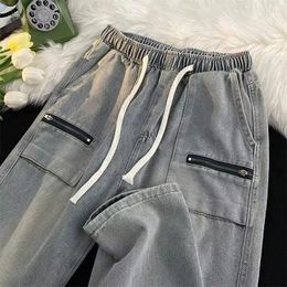 Men's Pants Korean Style Retro Multi-pocket Zipper Design Washed Distressed Nostalgic Jeans Loose Casual Dad Tops Men Clothing