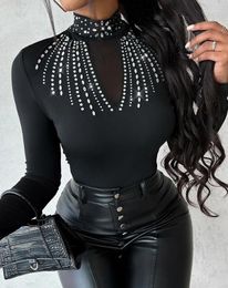 Women's Blouses 2023 Autumn Winter Spring Fashion Casual Female Clothing T-Shirts Pullover Tops Elegant Sexy Studded Sheer Mesh Long Sleeve