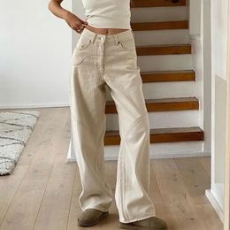 Women Casual Denim Trousers Fashion Beige Jeans Vintage High Waist Wide Leg Pants Classic Streetwear Autumn Ladies 231222