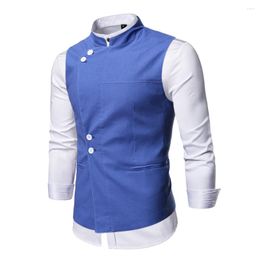 Men's Vests Blue Stand Collar Mens Dress Vest 2024 Fashion Slim Fit Sleeveless Waistcoat Male Formal Business Gilet Homme