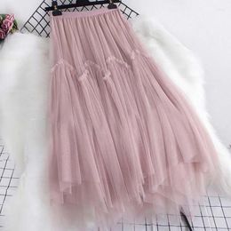 Skirts 2024 Elegant Ruffles Irregular A Line Long Tutu Solid Women Female Casual Elastic Waist Party Mesh Faldas