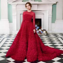 Party Dresses Red Puff Dress For Women Long Sleeve O-Neck Train Pleated Floor Length Elegant Formal Occasion Prom Evening Ball Gowns
