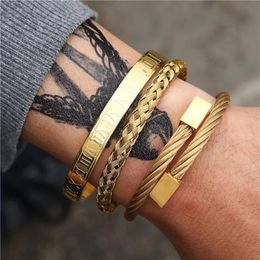 3pcs Set Roman Numeral Mens Bracelets Stainless Steel Hemp Rope Buckle Open Punk Bangles Gold Pulseira Bileklik Bracelet Jewelry352I