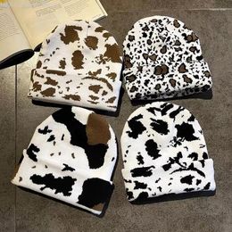 Berets 2024 Winter Hats Cow Pattern Knitted Woollen Thicken Warm Skullies Beanies Unisex Casual Leopard