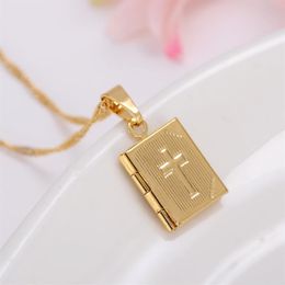 Bible 18k Yellow Gold GF Box Open Pendant Necklace Chains Crosses Jewellery Christianity Catholicism Crucifix Religious254I