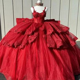 Mexican Red Shiny Quinceanera Dresses Applique Lace Beads Birthday Princess Formal Ball Gowns Vestidos XV 15 Anos